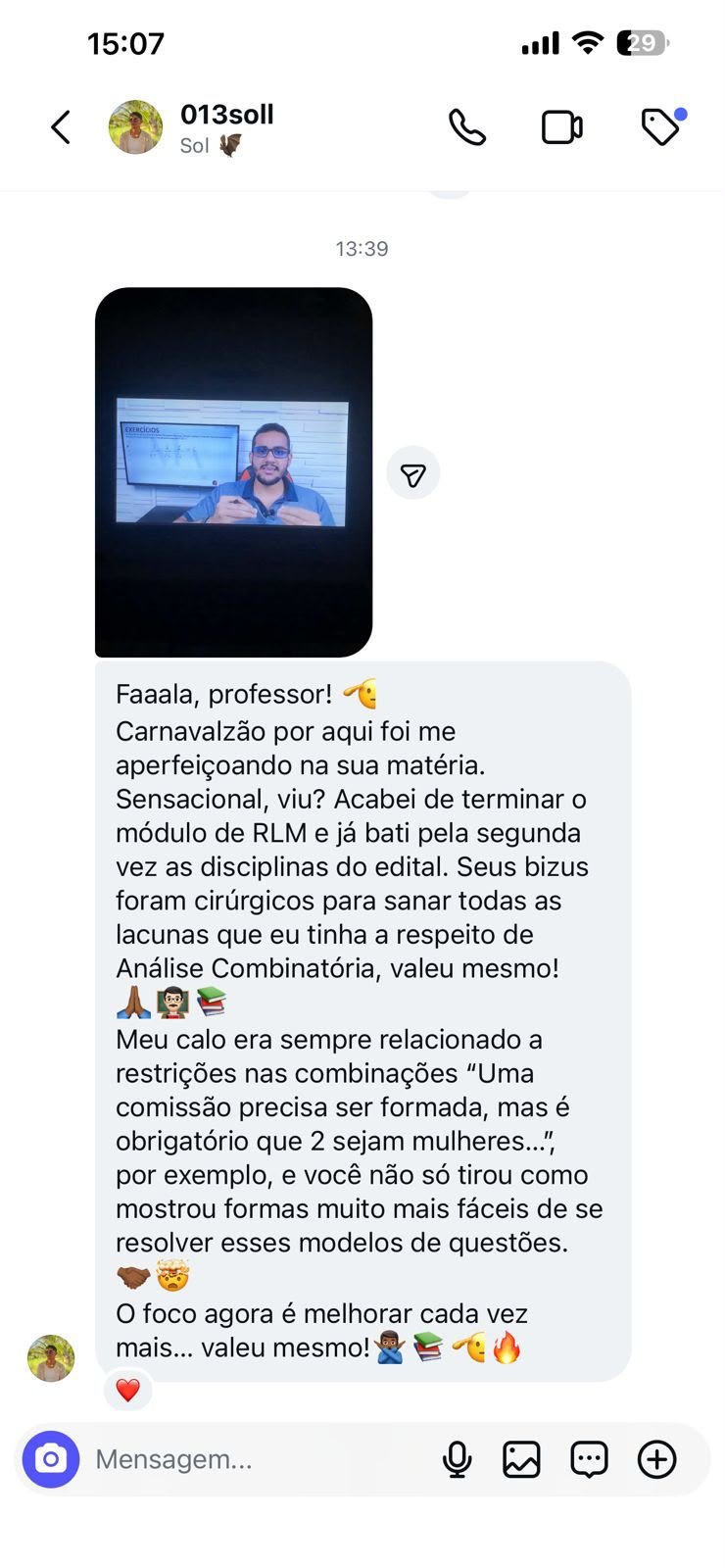 Print de depoimento de aluno de RLM