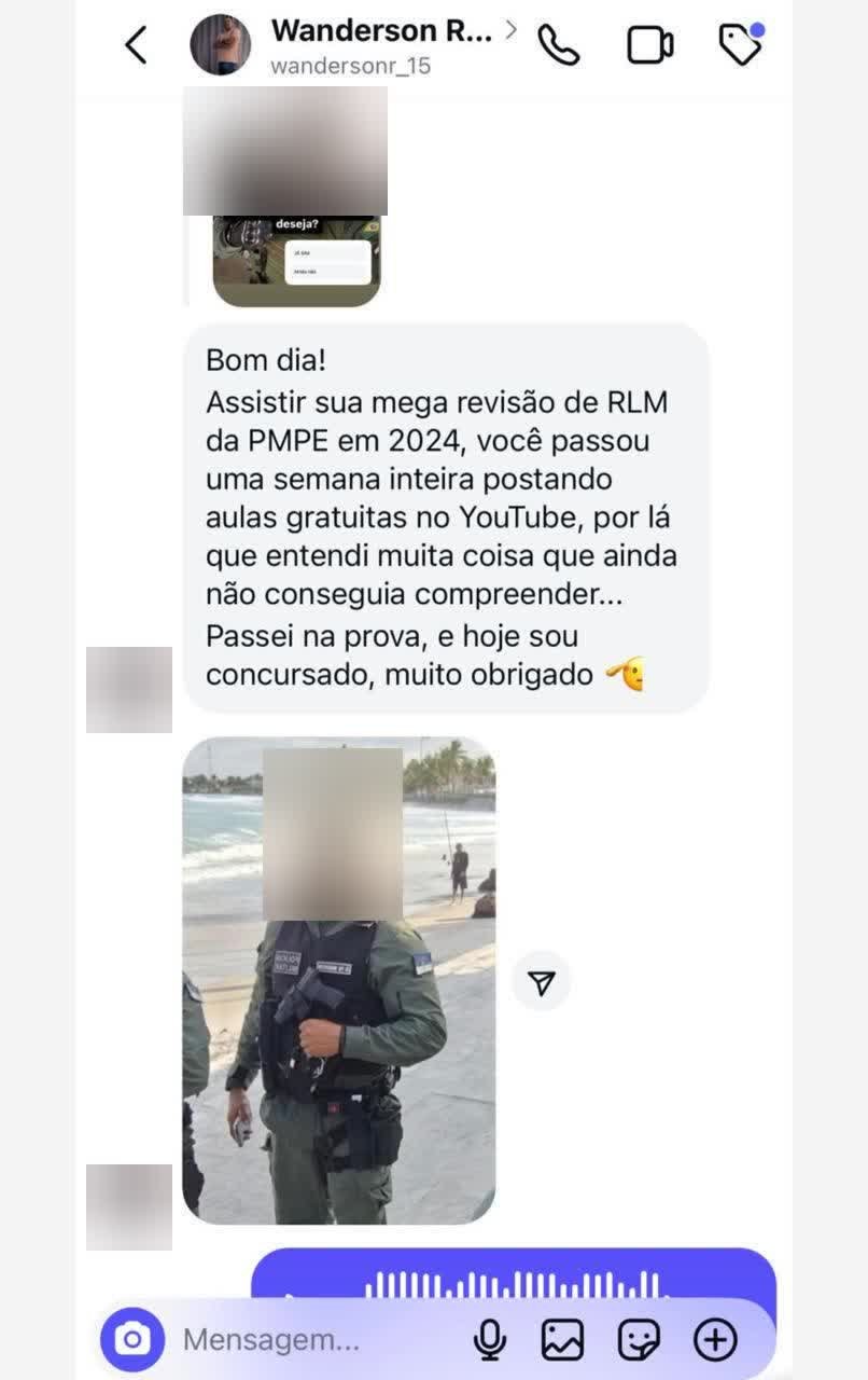 Print de depoimento de aluno aprovado na PM-PE