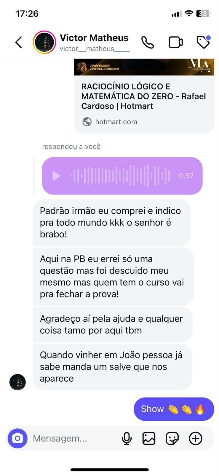 Print de depoimento de aluno sobre a mentoria